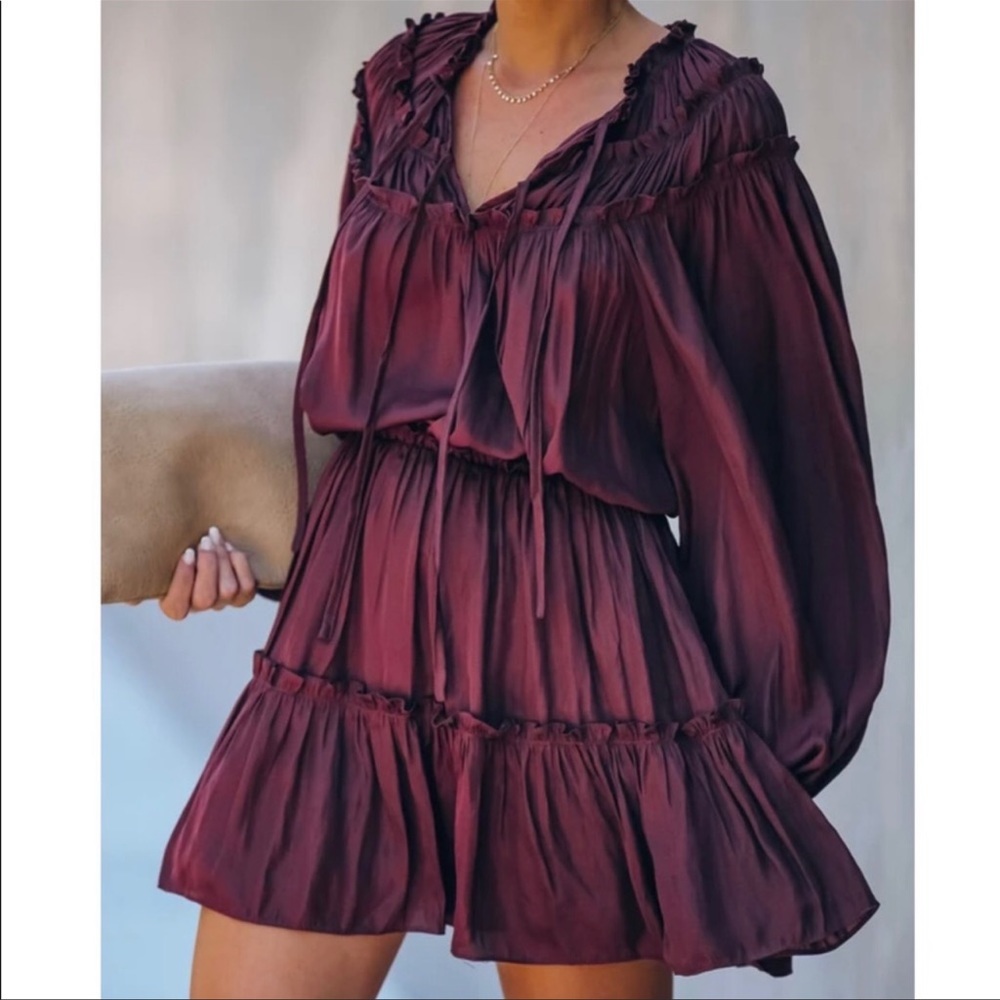 Mustard Seed Wine Satin Elastic Waist Ruffles Tiered Mini Dress Satin